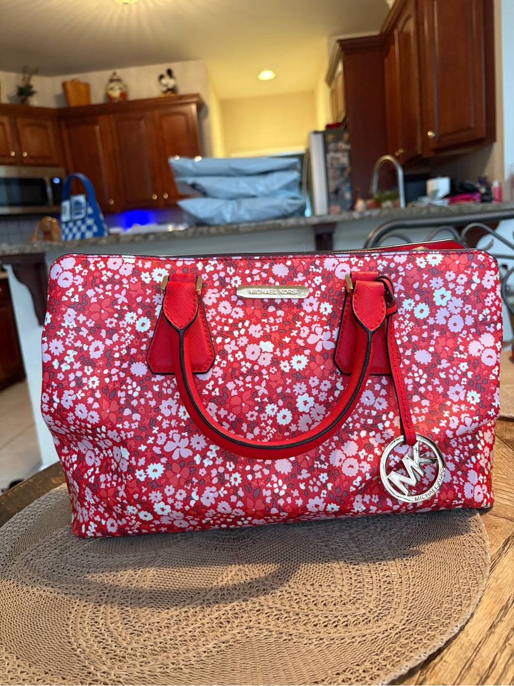 Michael Kors Red Floral Satchel Crossbody Purse w/ Strap Rare Y2K